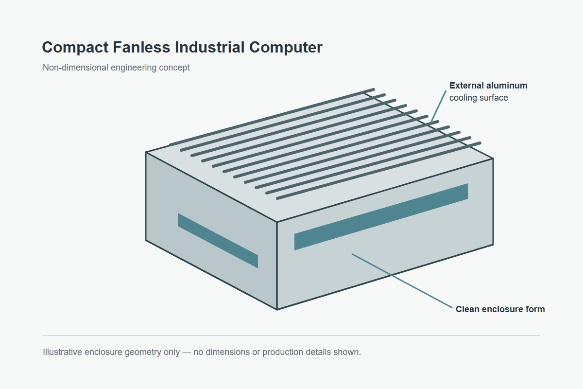 Conceptual compact Mini-ITX industrial computer enclosure with PCIe expansion and fanless cooling.