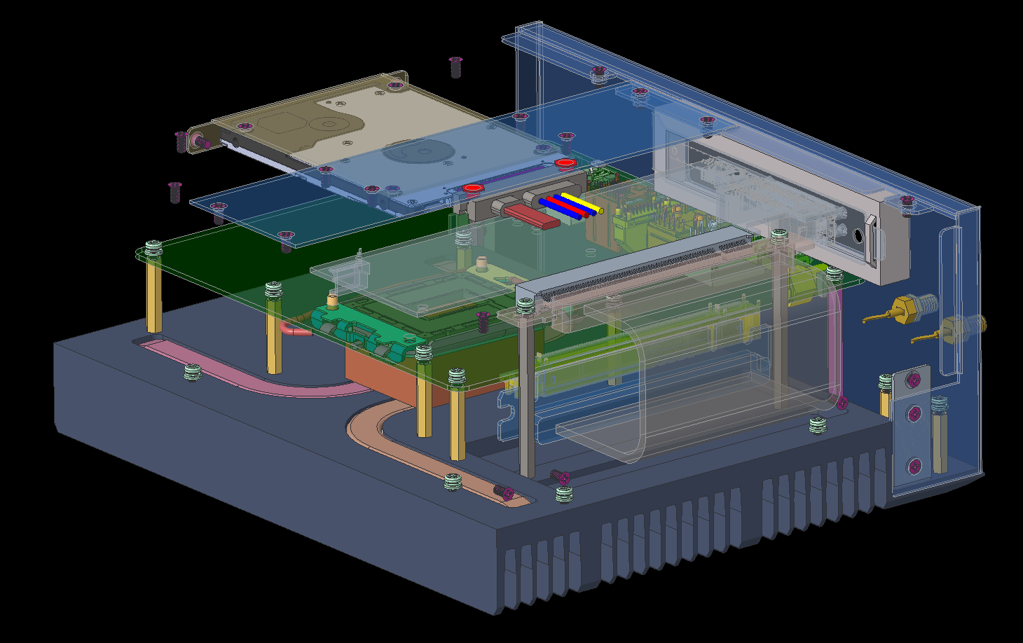 Simplified internal mechanical integration concept for a compact Mini-ITX industrial computer.