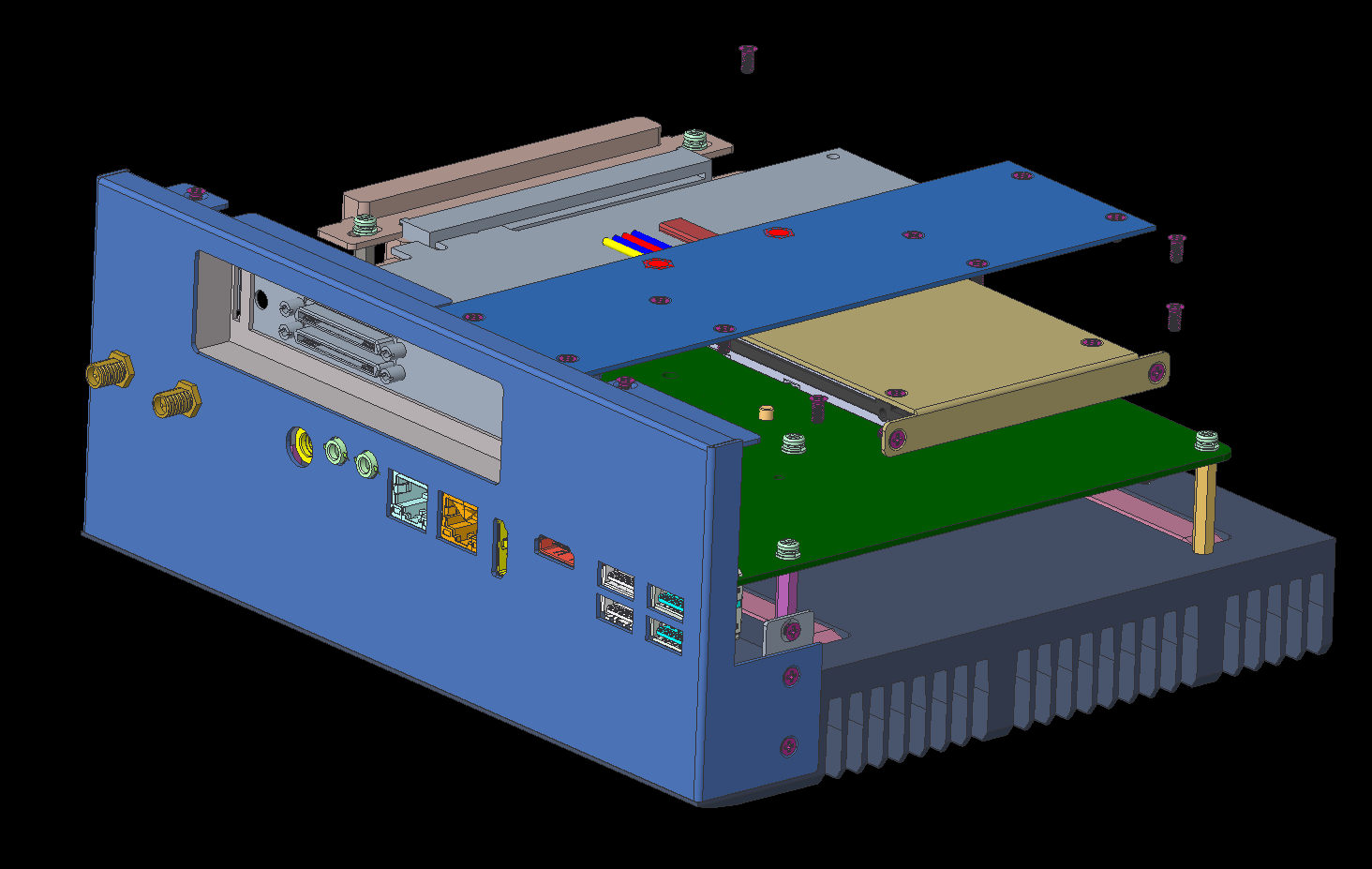 Simplified overview of compact Mini-ITX industrial computer mechanical integration.