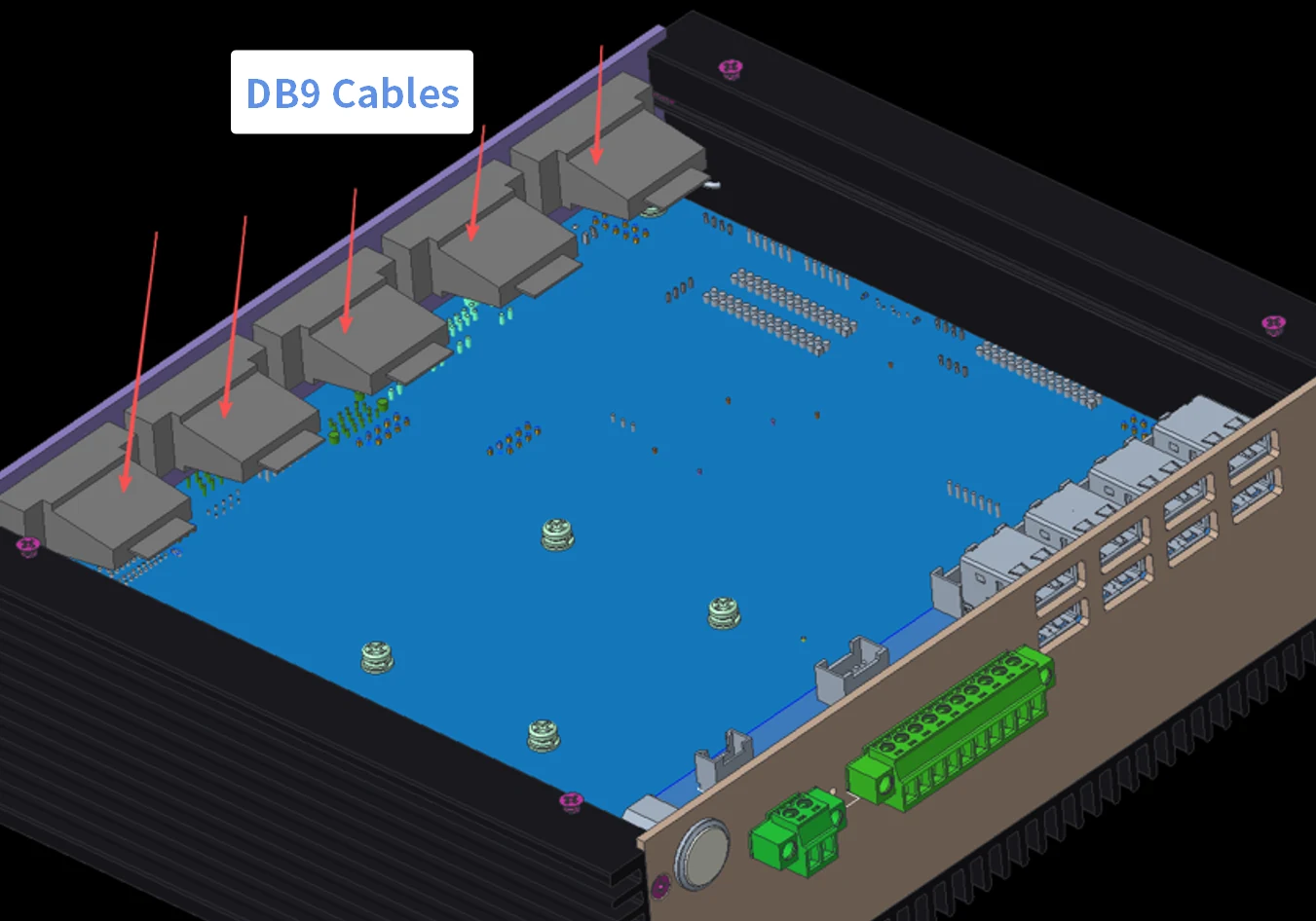 DB9 interface and cable clearance on an industrial PC enclosure