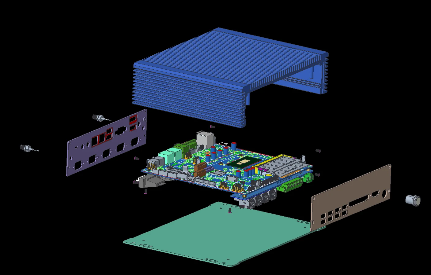 Exploded mechanical layout showing an industrial PC enclosure, front and rear panels, PCB assembly and internal components