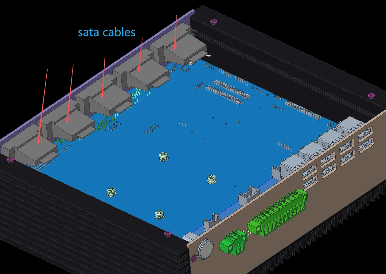SATA connector location in an industrial PC assembly
