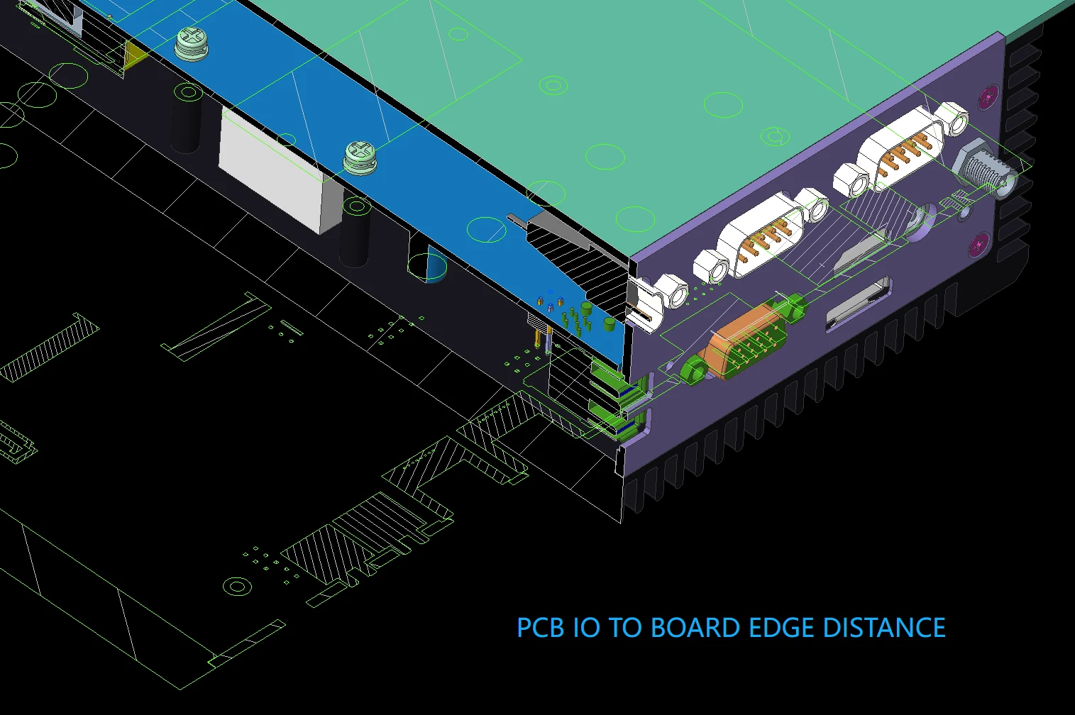 PCB-to-panel relationship illustrating I/O-to-board-edge distance and local relief behind an industrial PC panel