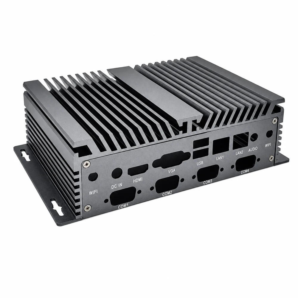 SBC01 compact custom aluminum heatsink enclosure shown from the front angle