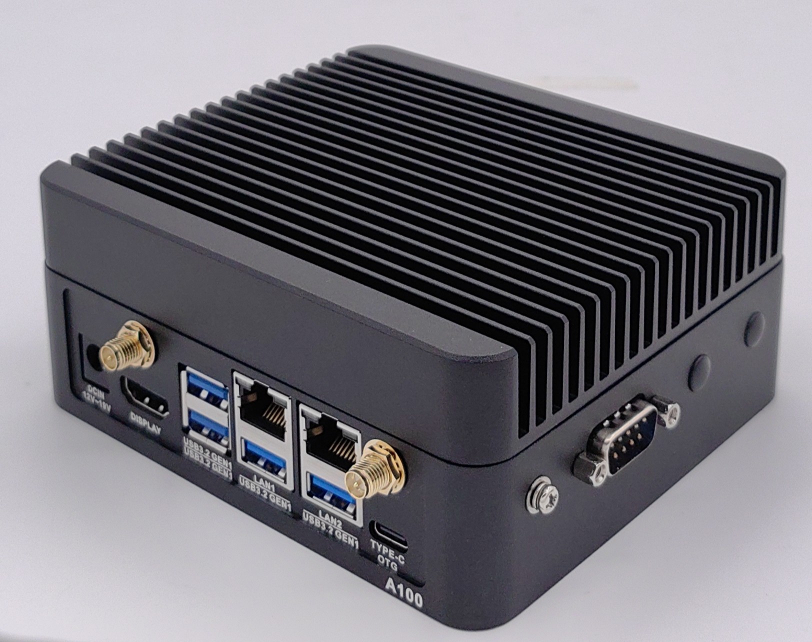 A100 industrial edge AI computer I/O and serial port angle view