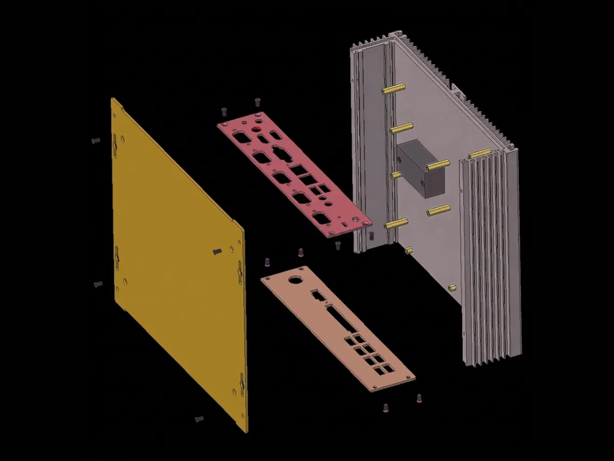 Exploded view of the DM02 custom aluminum enclosure components