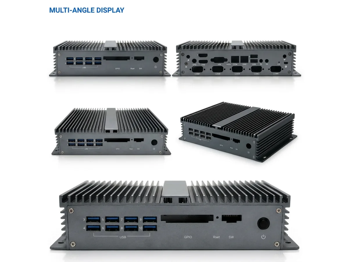 DM02 industrial PC enclosure shown from multiple angles