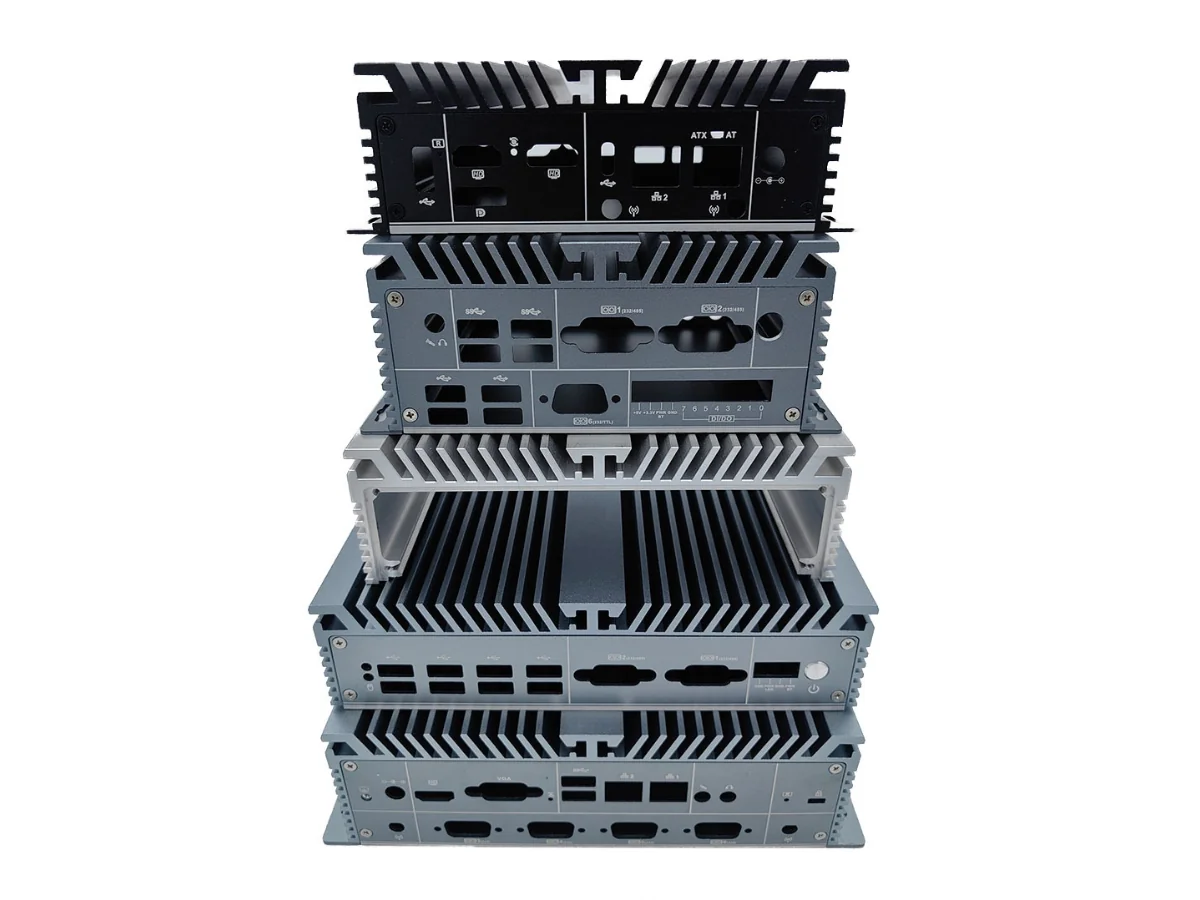SBC Fanless Aluminum Enclosure Family Related fanless aluminum enclosure family shown from the front