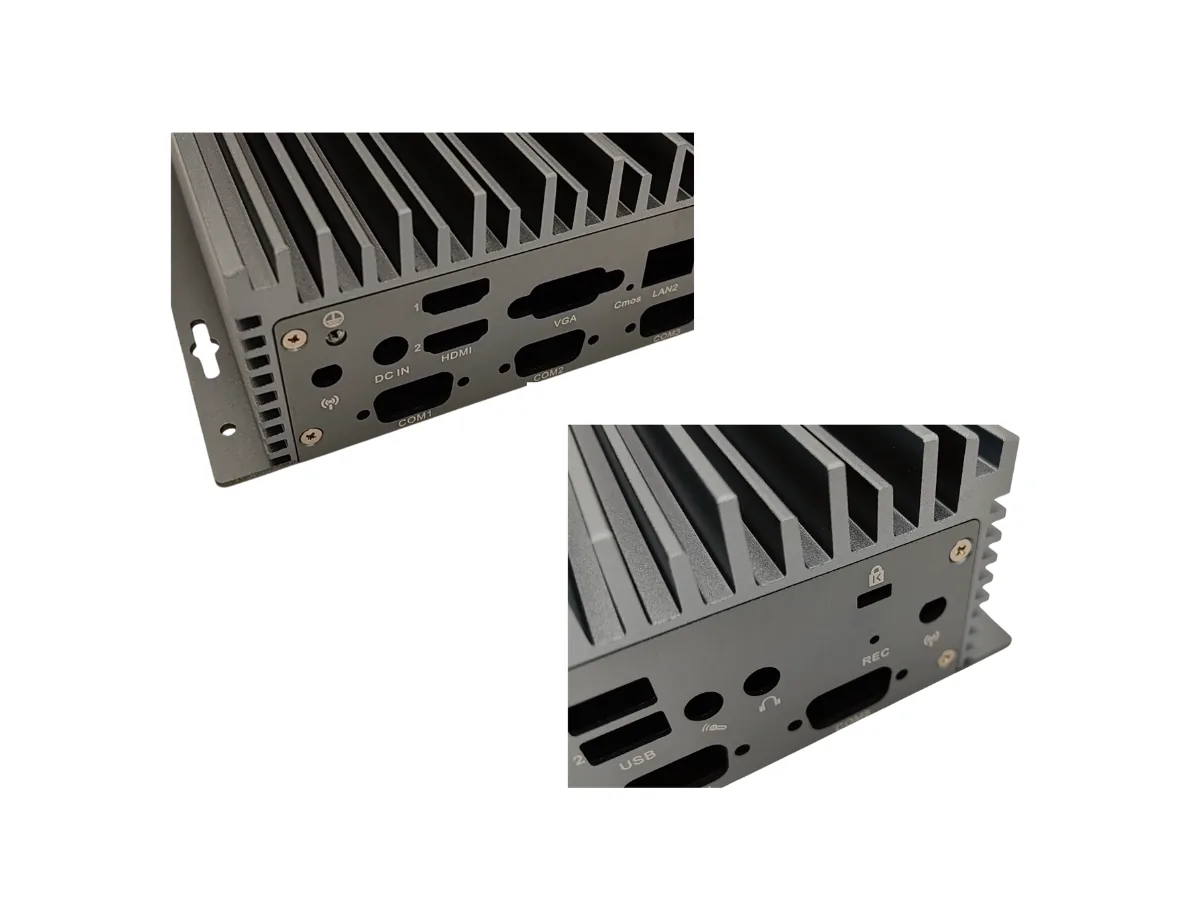 DM21 CNC-Machined I/O Panel Details Close-up details of CNC-machined openings on DM21 aluminum I/O panels