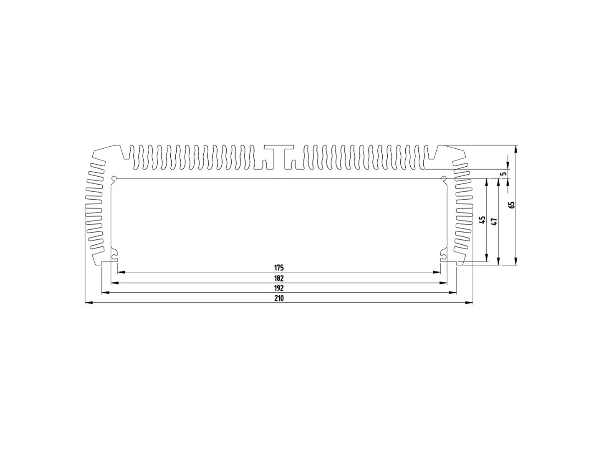 DM23 Aluminum Extrusion Cross-Section Dimensions Cross-section drawing of the DM23 finned aluminum extrusion with width and height measurements