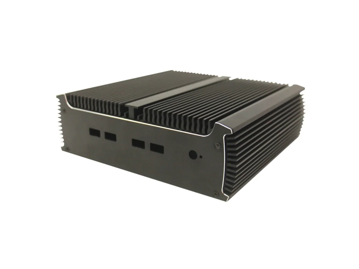 DM23 Aluminum Enclosure Alternate Angle Alternate angle of the black DM23 enclosure showing top and side cooling fins
