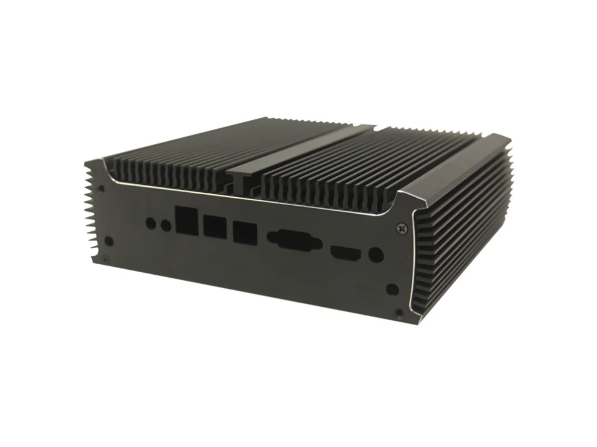 DM23 Custom Aluminum Heatsink Enclosure Main View DM23 black aluminum heatsink enclosure with a CNC-machined I/O panel
