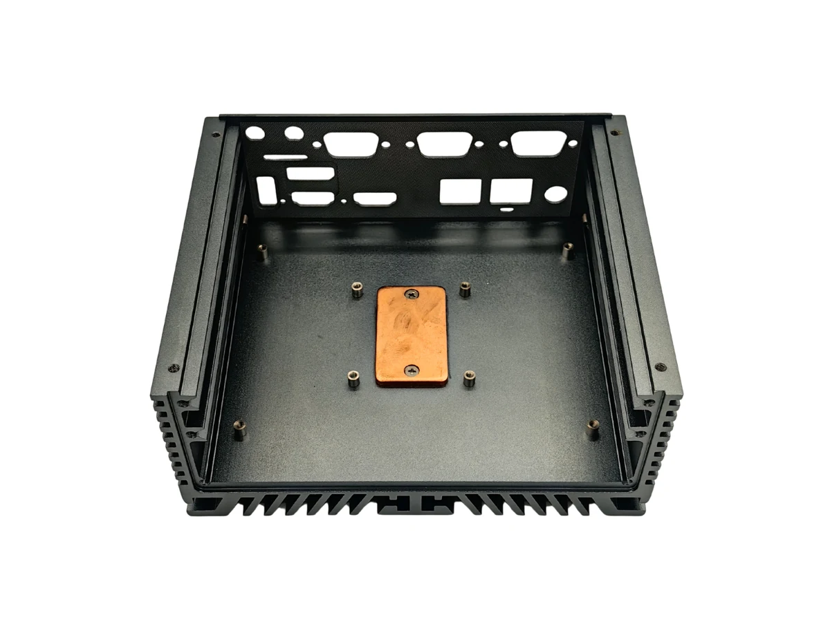 N11 Internal Copper Thermal Block Top View Top view inside the N11 enclosure showing the copper thermal transfer block and standoffs