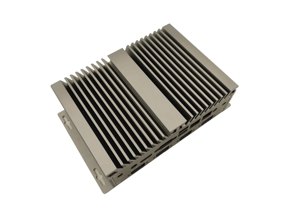 SBC01 Heatsink Enclosure Top Angle View SBC01 enclosure viewed from above at an angle with cooling fins visible